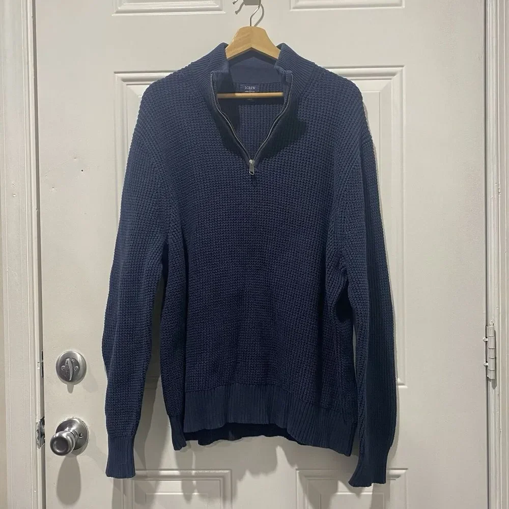 J.Crew Quarter Zip Pullover Knit Cotton‎ Sweater Men's 2XL Navy Blue mock Neck